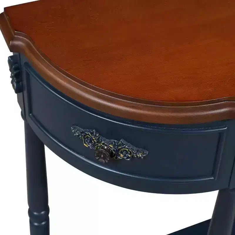 Tavolo Console Curvo Retrò da 52'' con Ripiano Aperto e 2 Cassetti per Soggiorno e Ingresso, Blu Navy e Piano Marrone