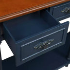 Tavolo Console Curvo Retrò da 52'' con Ripiano Aperto e 2 Cassetti per Soggiorno e Ingresso, Blu Navy e Piano Marrone