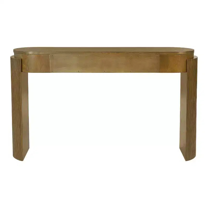 Consolle con finitura in venatura di legno naturale, piano ovale e 2 cassetti per ingresso e soggiorno, in legno di pino