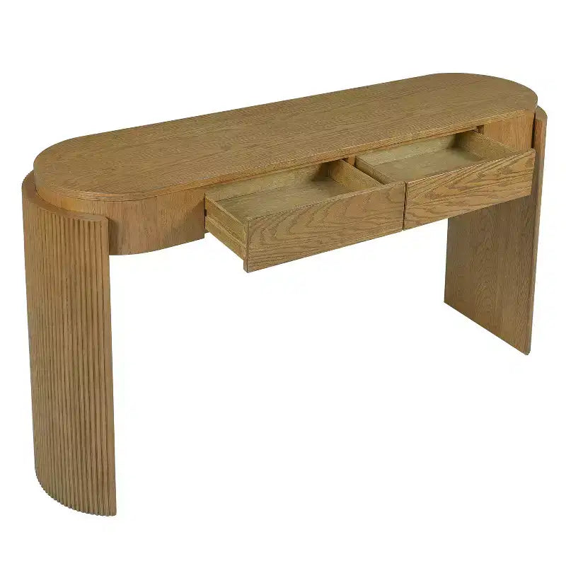 Consolle con finitura in venatura di legno naturale, piano ovale e 2 cassetti per ingresso e soggiorno, in legno di pino