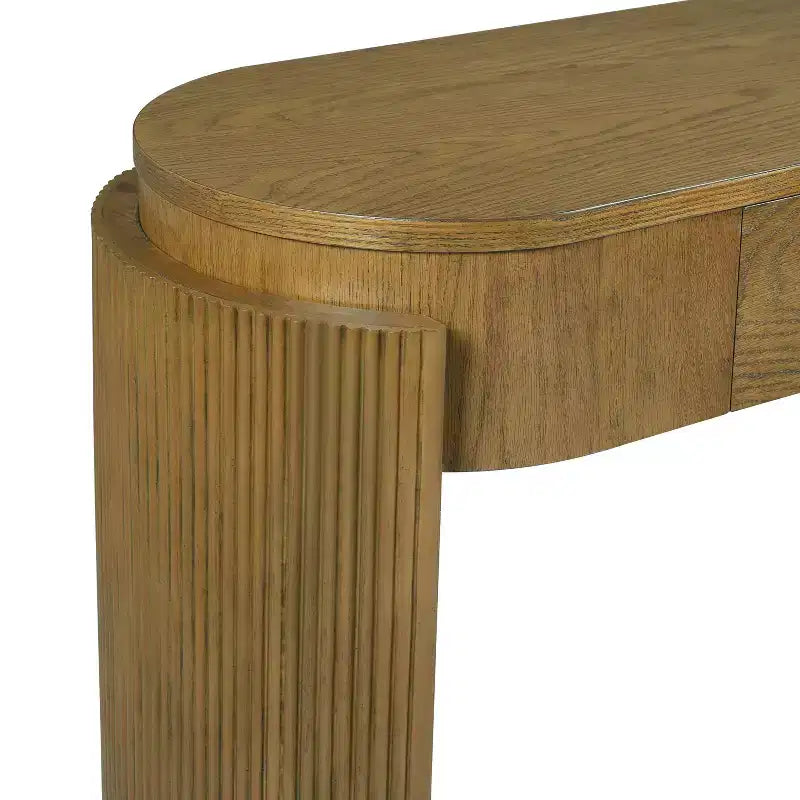 Consolle con finitura in venatura di legno naturale, piano ovale e 2 cassetti per ingresso e soggiorno, in legno di pino