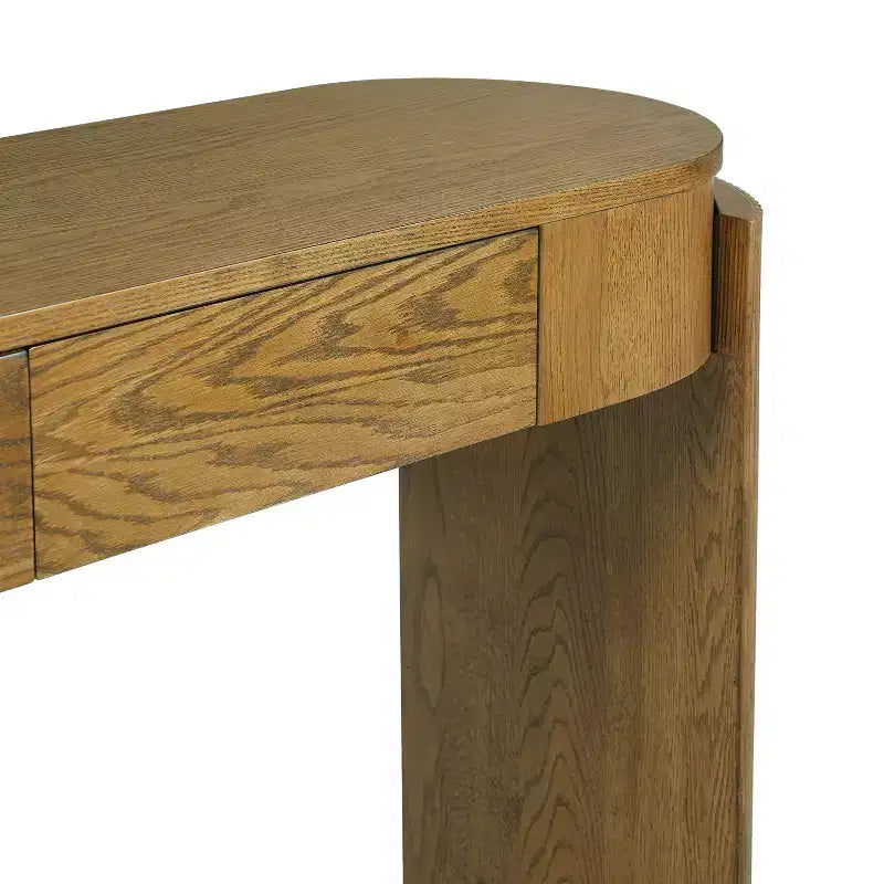 Consolle con finitura in venatura di legno naturale, piano ovale e 2 cassetti per ingresso e soggiorno, in legno di pino