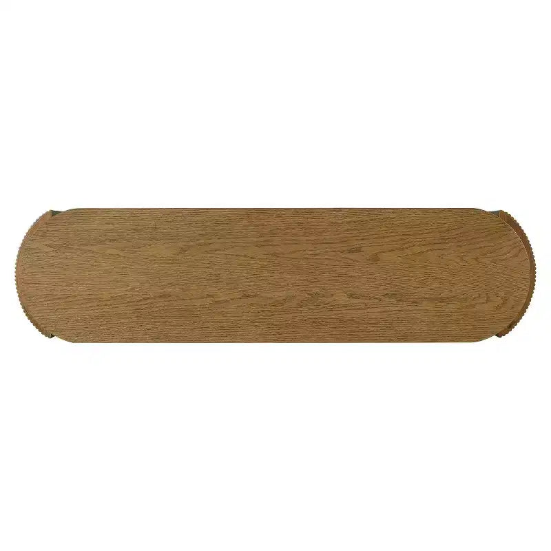 Consolle con finitura in venatura di legno naturale, piano ovale e 2 cassetti per ingresso e soggiorno, in legno di pino