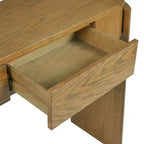 Consolle con finitura in venatura di legno naturale, piano ovale e 2 cassetti per ingresso e soggiorno, in legno di pino