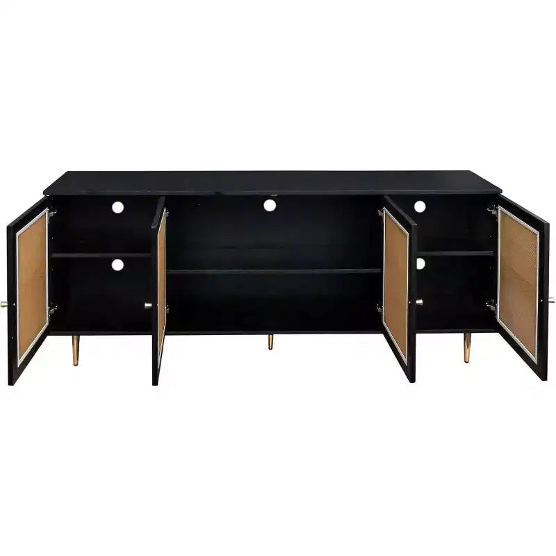 Credenza Madia con Ante in Rattan, Mobile Contenitore Consolle per Cucina, Sala da Pranzo, Soggiorno, Corridoio, Nero