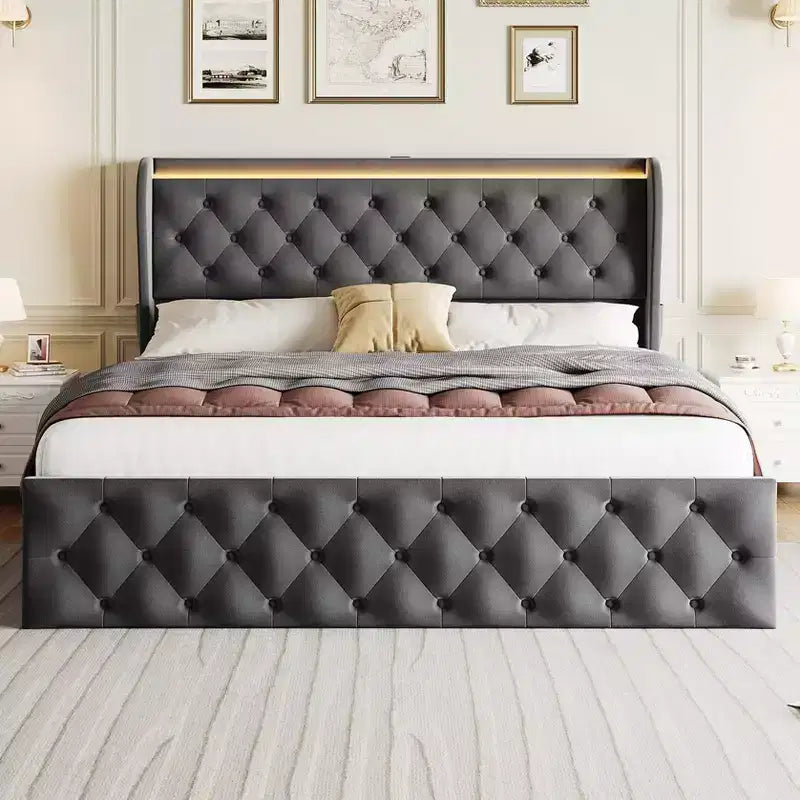 Struttura Letto King Size con Testiera Trapuntata con Bottoni e 4 Cassetti, Letto a Piattaforma Rivestito in Velluto, Non Richiede Rete a Molle