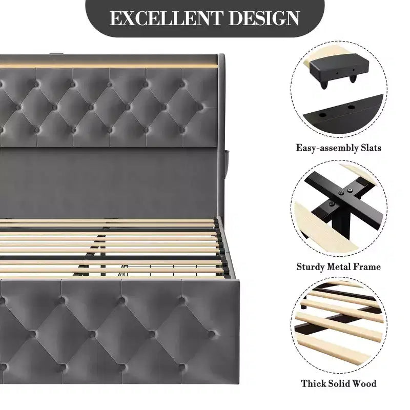 Struttura Letto King Size con Testiera Trapuntata con Bottoni e 4 Cassetti, Letto a Piattaforma Rivestito in Velluto, Non Richiede Rete a Molle
