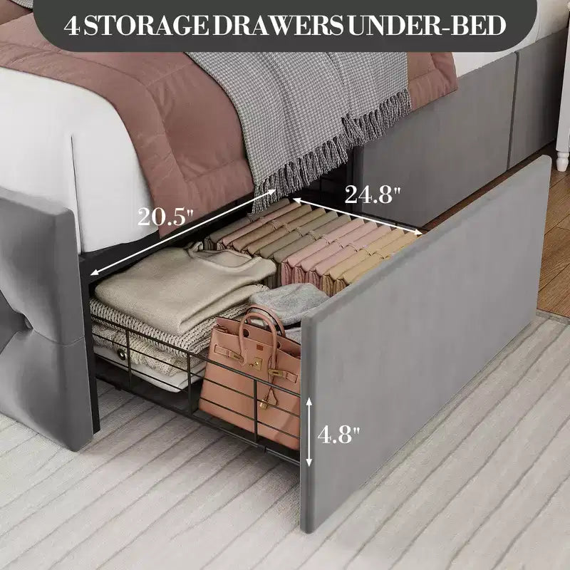 Struttura Letto King Size con Testiera Trapuntata con Bottoni e 4 Cassetti, Letto a Piattaforma Rivestito in Velluto, Non Richiede Rete a Molle
