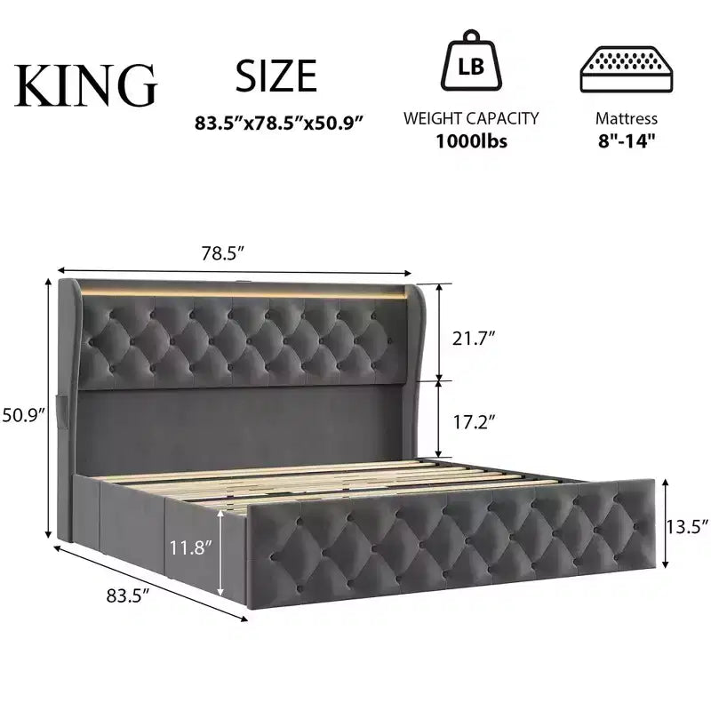 Struttura Letto King Size con Testiera Trapuntata con Bottoni e 4 Cassetti, Letto a Piattaforma Rivestito in Velluto, Non Richiede Rete a Molle