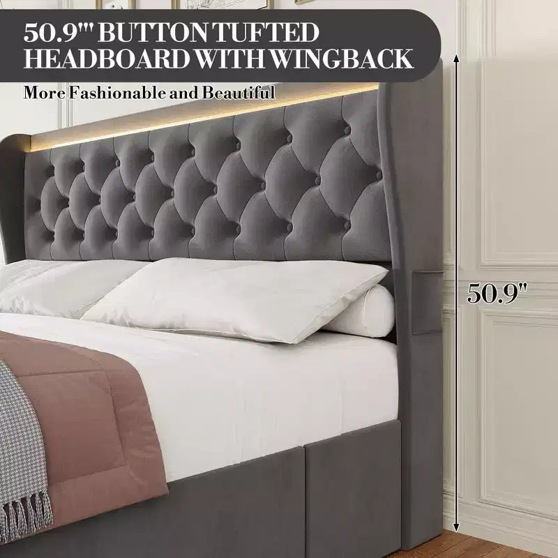 Struttura Letto King Size con Testiera Trapuntata con Bottoni e 4 Cassetti, Letto a Piattaforma Rivestito in Velluto, Non Richiede Rete a Molle