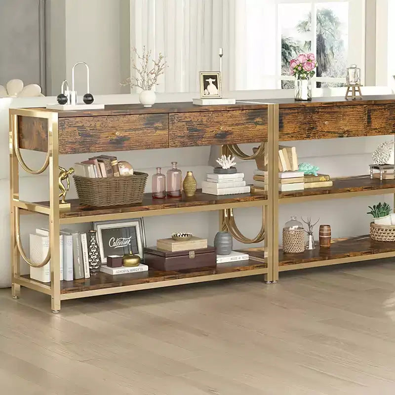 Sofa Table with Drawers, Console Table Set of 2 , Narrow Entryway Table with 3-Tier Storage Shelves, End Table for Living Room Hallway Foyer Kitchen