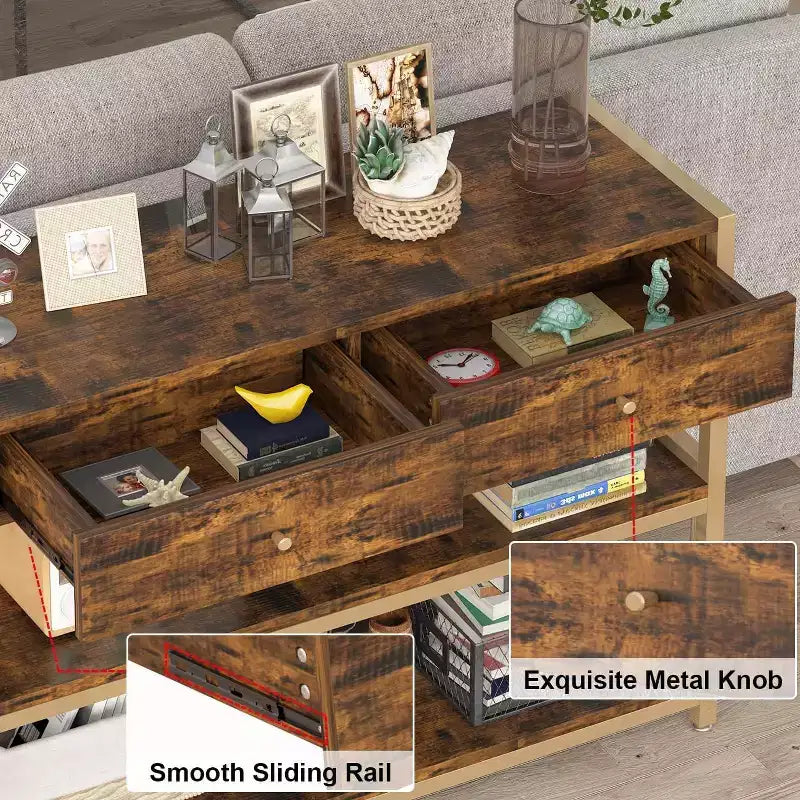 Tavolino da divano con cassetti, set di 2 tavoli consolle, tavolino stretto per ingresso con ripiani portaoggetti a 3 livelli, tavolino per soggiorno, corridoio, foyer, cucina