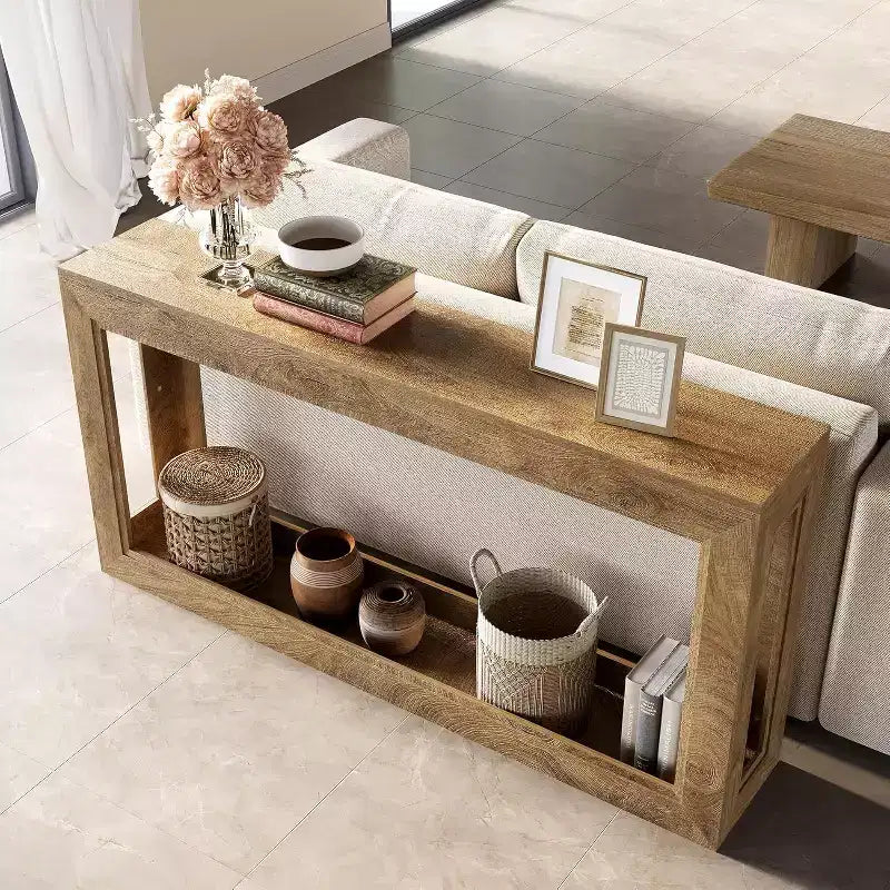 Tavolo consolle stretto da 63 pollici, tavolo lungo da divano dietro il divano per corridoio, soggiorno, ingresso, atrio, design salvaspazio, rovere chiaro marrone