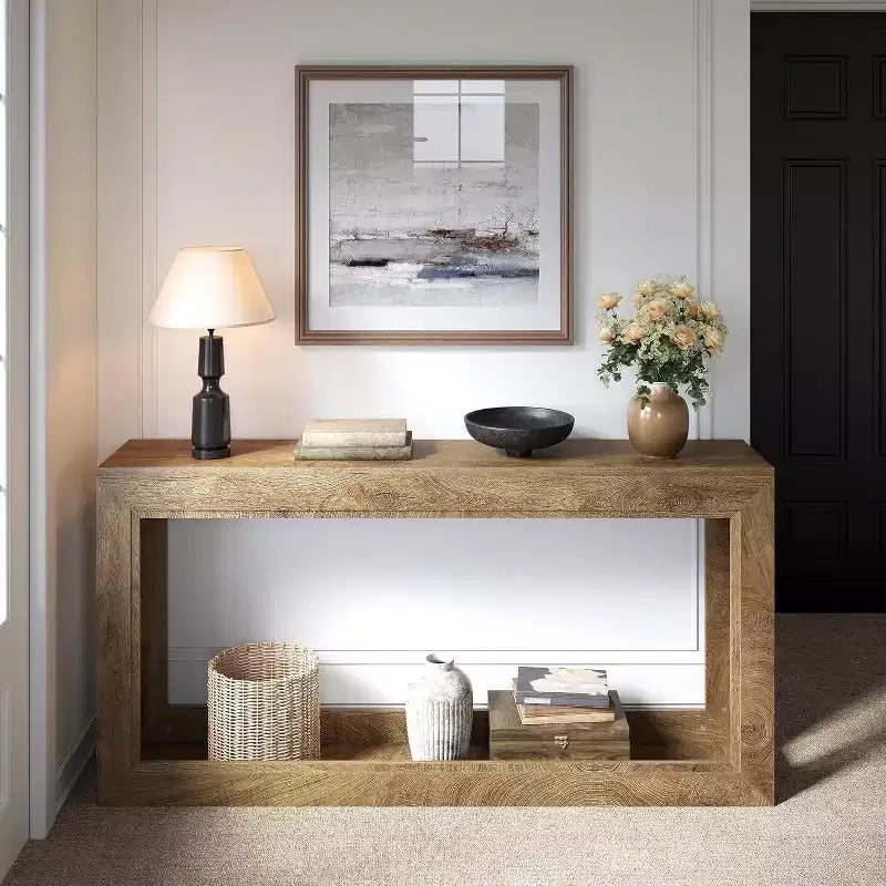 Tavolo consolle stretto da 63 pollici, tavolo lungo da divano dietro il divano per corridoio, soggiorno, ingresso, atrio, design salvaspazio, rovere chiaro marrone