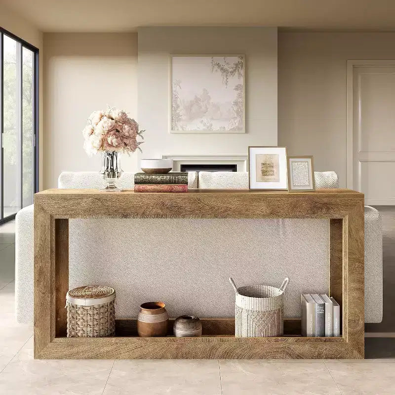 Tavolo consolle stretto da 63 pollici, tavolo lungo da divano dietro il divano per corridoio, soggiorno, ingresso, atrio, design salvaspazio, rovere chiaro marrone