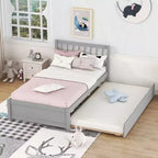 Bellemave Twin Size Bed Frame with Trundle,Wood Platform Bed with Headboard,Twin Bed Frames for Kids,Teens,Adults,No Spring Needed, Grey