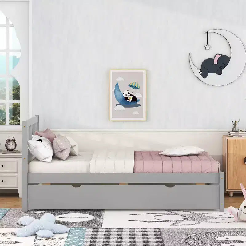 Struttura letto singola con letto estraibile, letto a piattaforma in legno con testiera, struttura letto singola per bambini, ragazzi, adulti, non necessita di molle, grigio