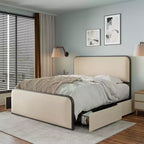 Whisen King Modern Metal Bed Frame with Upholstered Headboard and 4 Drawers - Beige