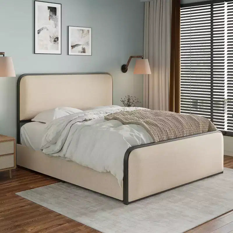 Letto Matrimoniale King Moderno con Testiera Imbottita e 4 Cassetti - Beige