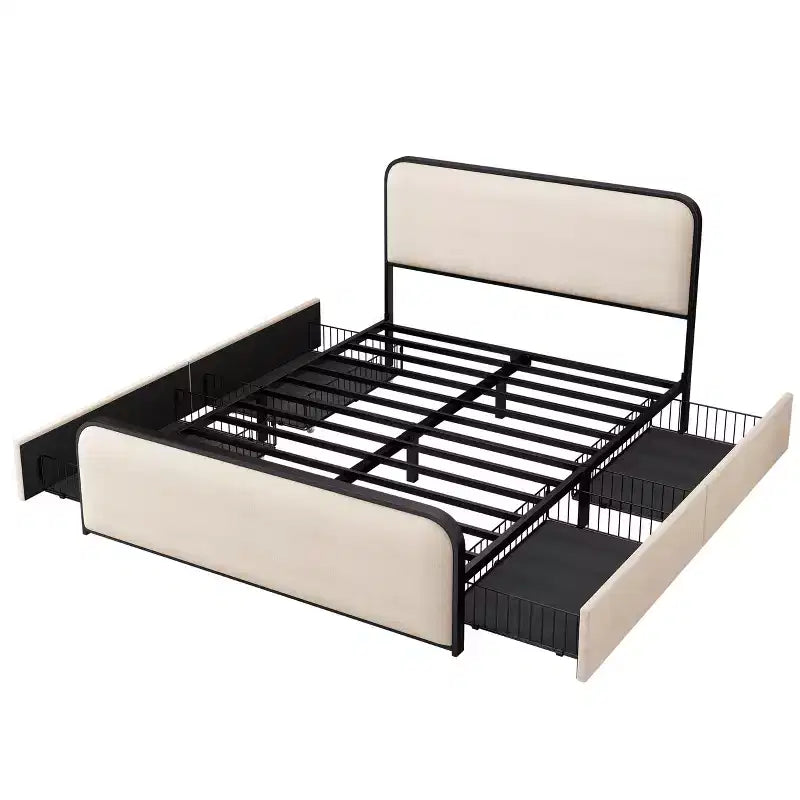 Letto Matrimoniale King Moderno con Testiera Imbottita e 4 Cassetti - Beige