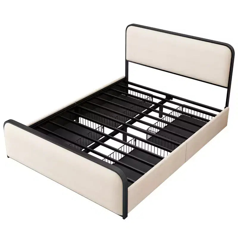 Letto Matrimoniale King Moderno con Testiera Imbottita e 4 Cassetti - Beige