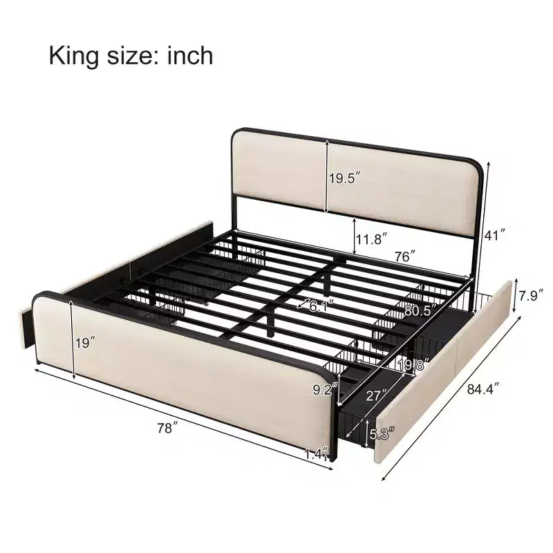 Letto Matrimoniale King Moderno con Testiera Imbottita e 4 Cassetti - Beige