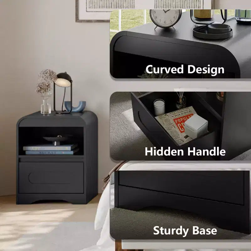 Comodini per camera da letto e soggiorno con cassetto portaoggetti, comodino curvo