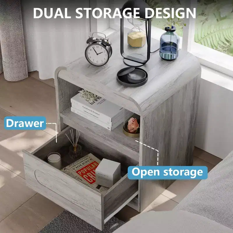 Comodini per camera da letto e soggiorno con cassetto portaoggetti, comodino curvo