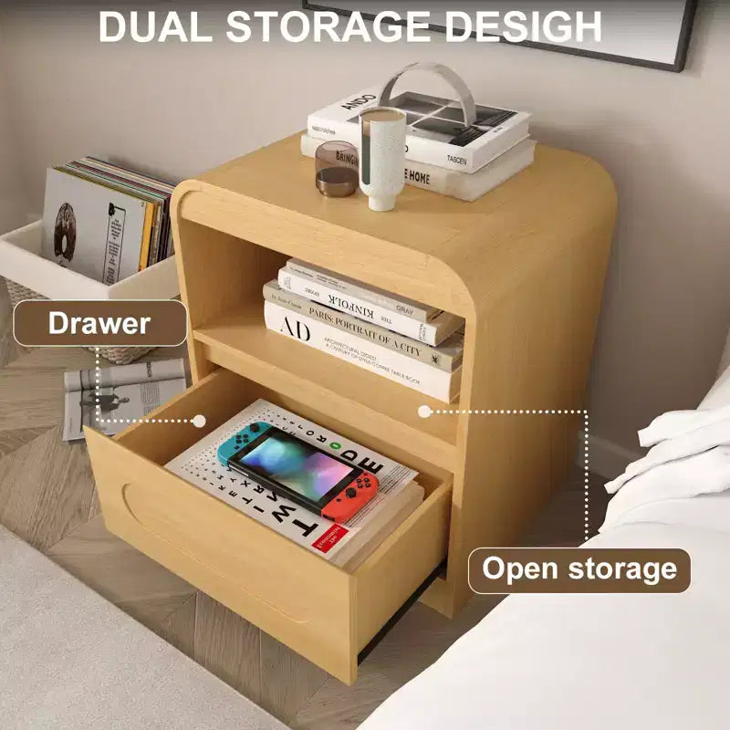 Comodini per camera da letto e soggiorno con cassetto portaoggetti, comodino curvo
