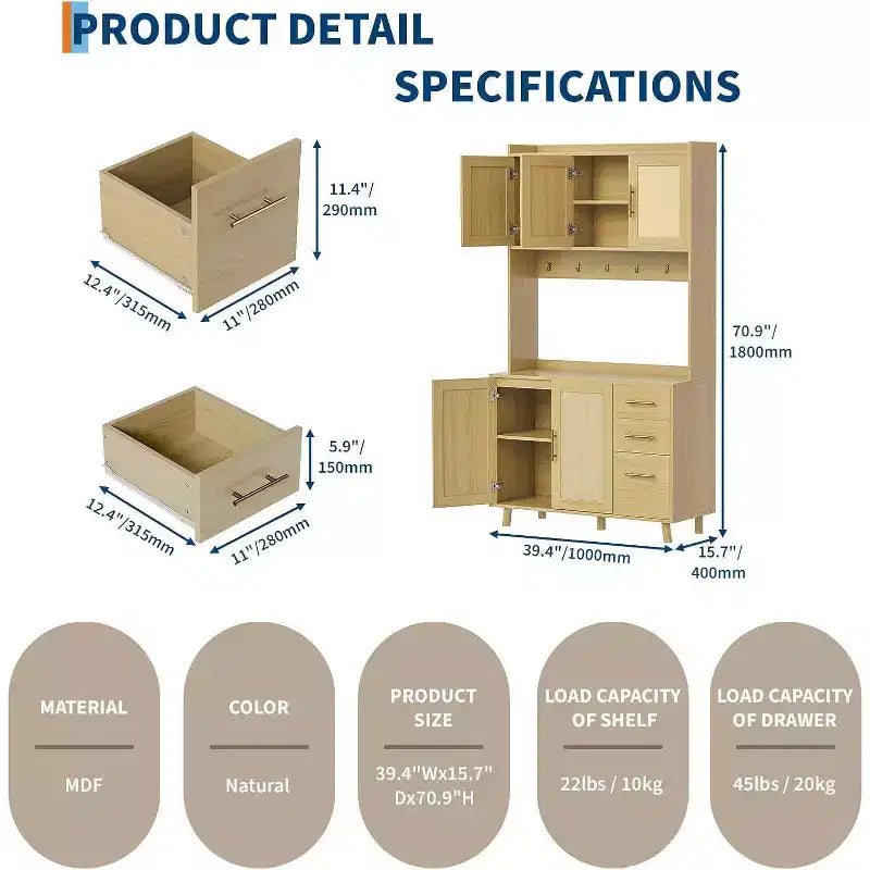 71 Mobile Dispensa Alto in Rattan, Credenza Boho con Ripiano Microonde, Cassetti, Ganci, Mobile Contenitore per Sala da Pranzo, Naturale