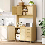 71 Mobile Dispensa Alto in Rattan, Credenza Boho con Ripiano Microonde, Cassetti, Ganci, Mobile Contenitore per Sala da Pranzo, Naturale