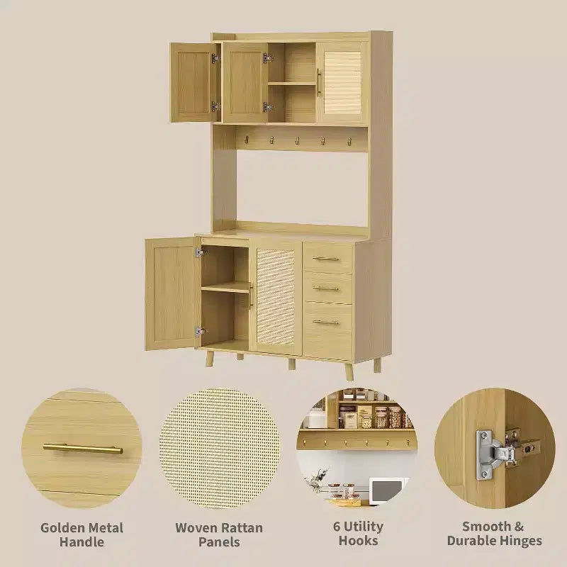 71 Mobile Dispensa Alto in Rattan, Credenza Boho con Ripiano Microonde, Cassetti, Ganci, Mobile Contenitore per Sala da Pranzo, Naturale