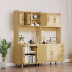 71 Mobile Dispensa Alto in Rattan, Credenza Boho con Ripiano Microonde, Cassetti, Ganci, Mobile Contenitore per Sala da Pranzo, Naturale