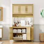 71 Mobile Dispensa Alto in Rattan, Credenza Boho con Ripiano Microonde, Cassetti, Ganci, Mobile Contenitore per Sala da Pranzo, Naturale