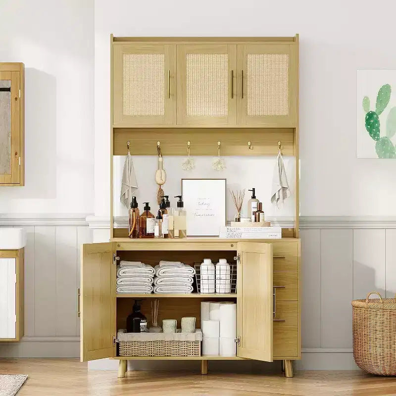 71 Mobile Dispensa Alto in Rattan, Credenza Boho con Ripiano Microonde, Cassetti, Ganci, Mobile Contenitore per Sala da Pranzo, Naturale