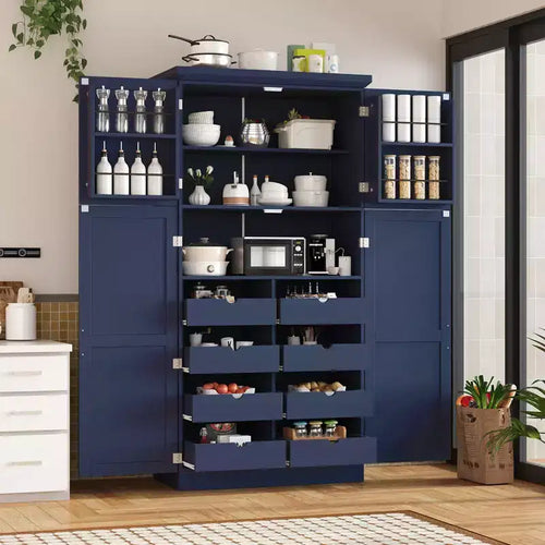 Whisen 35.5 Freestanding Kitchen Pantry Cabinet with 4 Doors and Pull-out Trays