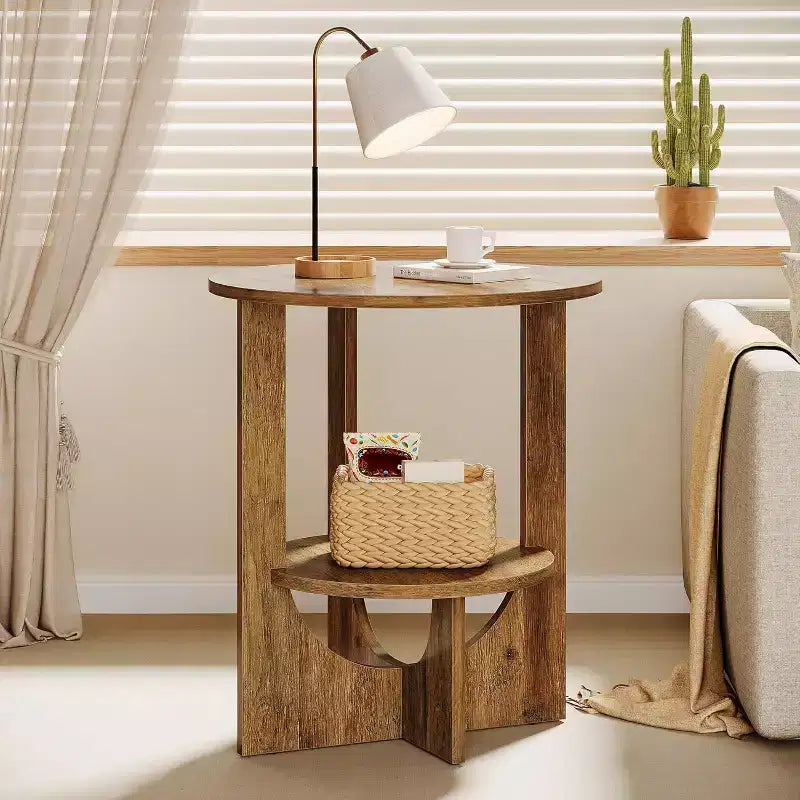 Tavolino rotondo a 2 ripiani con portaoggetti, per soggiorno, camera da letto e piccoli spazi, comodino stretto moderno, facile da montaggio, marrone