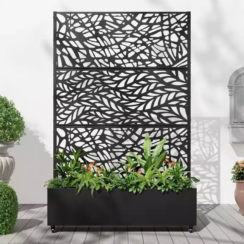 Fioriera con traliccio in ferro nero a forma di fiore 183x119x41cm 3 pezzi