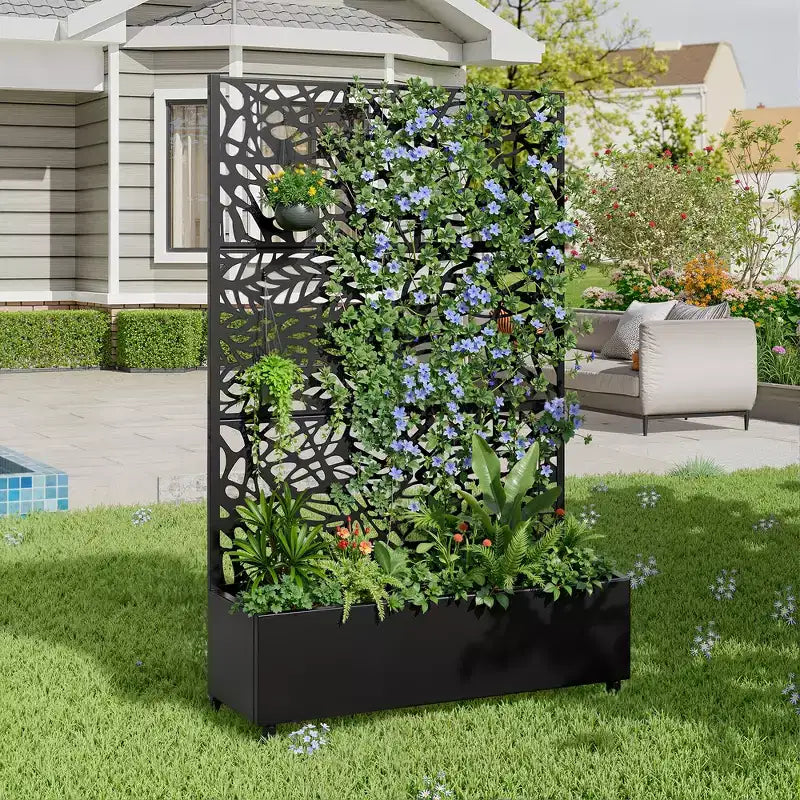 Fioriera con traliccio in ferro nero a forma di fiore 183x119x41cm 3 pezzi
