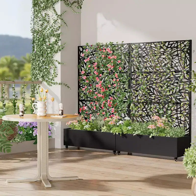Fioriera con traliccio in ferro nero a forma di fiore 183x119x41cm 3 pezzi