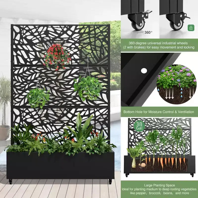 Fioriera con traliccio in ferro nero a forma di fiore 183x119x41cm 3 pezzi
