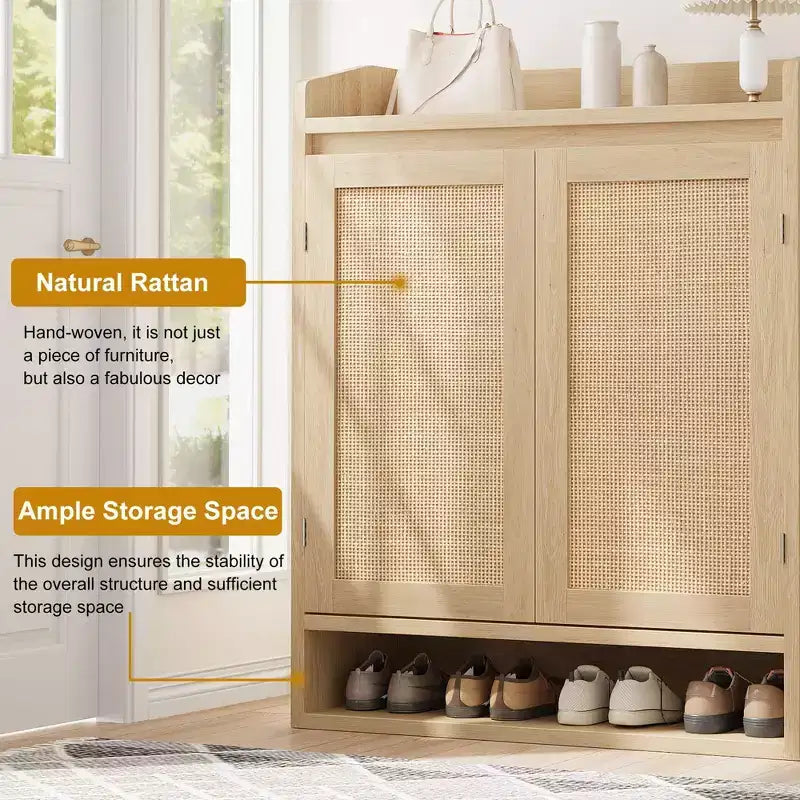 Scarpiera in Rattan a 5 Ripiani Mobiletto Contenitore con 2 Ante Regolabile in Legno per Ingresso Corridoio Soggiorno Naturale