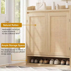 Scarpiera in Rattan a 5 Ripiani Mobiletto Contenitore con 2 Ante Regolabile in Legno per Ingresso Corridoio Soggiorno Naturale