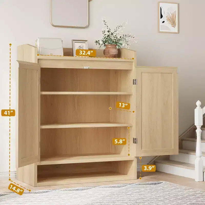 Scarpiera in Rattan a 5 Ripiani Mobiletto Contenitore con 2 Ante Regolabile in Legno per Ingresso Corridoio Soggiorno Naturale