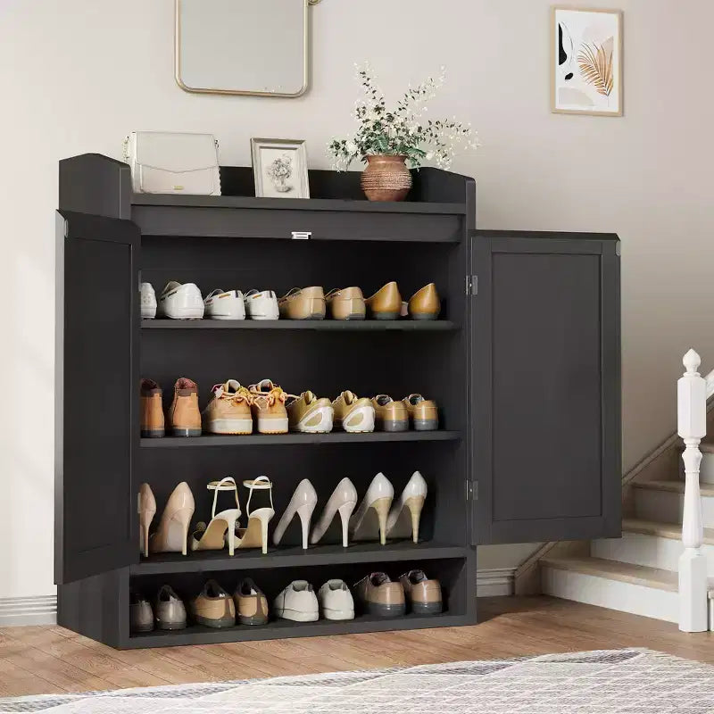 Scarpiera in Rattan a 5 Ripiani Mobiletto Contenitore con 2 Ante Regolabile in Legno per Ingresso Corridoio Soggiorno Naturale