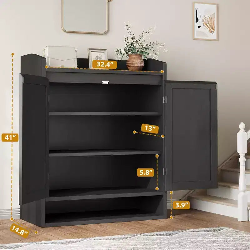 Scarpiera in Rattan a 5 Ripiani Mobiletto Contenitore con 2 Ante Regolabile in Legno per Ingresso Corridoio Soggiorno Naturale