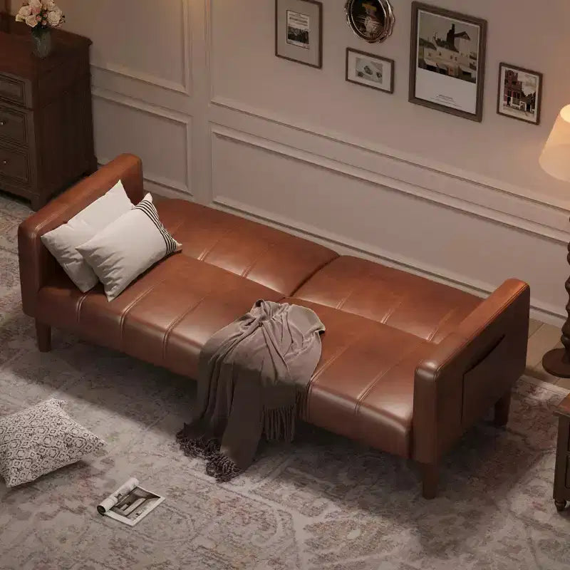 GustoWave 75 Convertible Futon Sofa Bed, PU Leather Loveseat Sofa Bed, Adjustable Backrest, Side Pockets, Space-Saving Sleeper Sofa, Brown