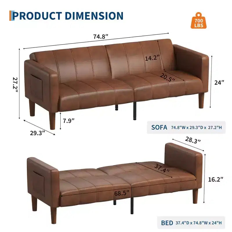 Divano letto futon convertibile 75, divano letto a due posti in pelle PU, schienale regolabile, tasche laterali, divano letto salvaspazio, marrone