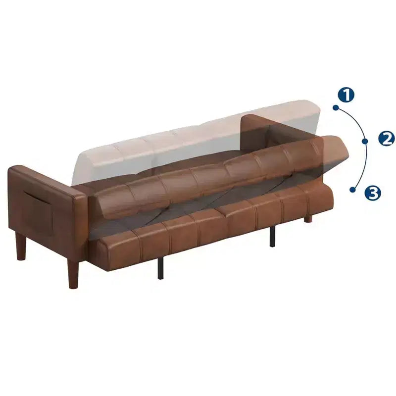 Divano letto futon convertibile 75, divano letto a due posti in pelle PU, schienale regolabile, tasche laterali, divano letto salvaspazio, marrone