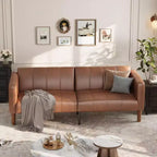 Divano letto futon convertibile 75, divano letto a due posti in pelle PU, schienale regolabile, tasche laterali, divano letto salvaspazio, marrone